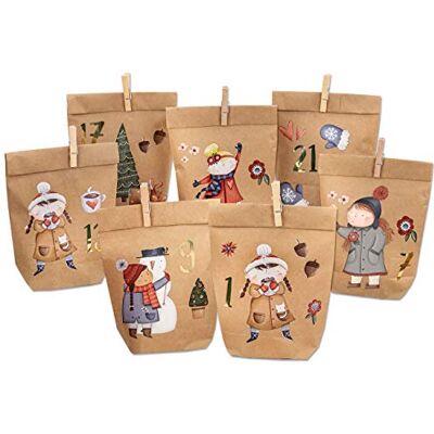 Papierdrachen Doe-het-zelf adventskalender om te vullen, skater om op te plakken, met 24 bruine papieren zakken en leuke kinderstickers, Kerstmis Papierdrachen Doe-het-zelf adventskalender om te vullen, skater om op te plakken, met 24 bruine papieren zakken en leuke kinderstickers, Kerstmis
