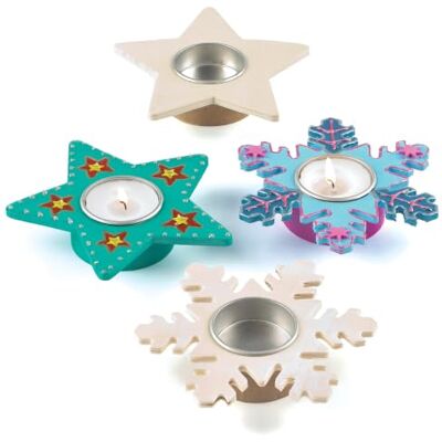 Baker Ross EX7082 Kaarsenhouder van hout in de vorm van een ster en sneeuwvlok, 4 stuks, houten decoraties, ideaal voor kerstdecoraties voor kinderen om te knutselen Baker Ross EX7082 Kaarsenhouder van hout in de vorm van een ster en sneeuwvlok, 4 stuks, houten decoraties, ideaal voor kerstdecoraties voor kinderen om te knutselen