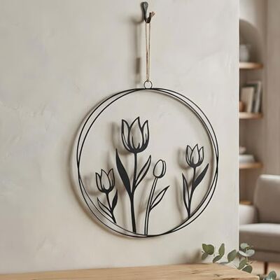 levandeo Skandi Loft Wandschilderij Tulp, rond, metaal, zwart, 30 cm, deurkrans, deurplaat, industriële wanddecoratie levandeo Skandi Loft Wandschilderij Tulp, rond, metaal, zwart, 30 cm, deurkrans, deurplaat, industriële wanddecoratie