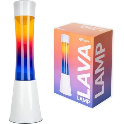 Fisura Lavalamp, meerkleurig, witte basis en glas met veelkleurig kleurverloop, sfeerlamp met ontspannend effect, met reservelampje, 11 x 11 x 39,5 cm Fisura Lavalamp, meerkleurig, witte basis en glas met veelkleurig kleurverloop, sfeerlamp met ontspannend effect, met reservelampje, 11 x 11 x 39,5 cm