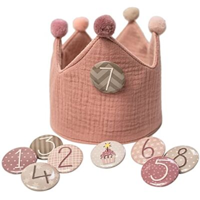 Papierdrachen Verjaardagskroon van chiffon met cijferknopen van 1 tot 8, hoed voor verjaardagsfeestjes, voor jongens en meisjes (roze) Papierdrachen Verjaardagskroon van chiffon met cijferknopen van 1 tot 8, hoed voor verjaardagsfeestjes, voor jongens en meisjes (roze)