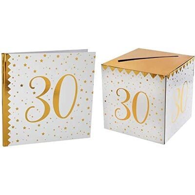 Santex 1 x urn en gastenboek voor verjaardag, goud en wit, 30 jaar Santex 1 x urn en gastenboek voor verjaardag, goud en wit, 30 jaar
