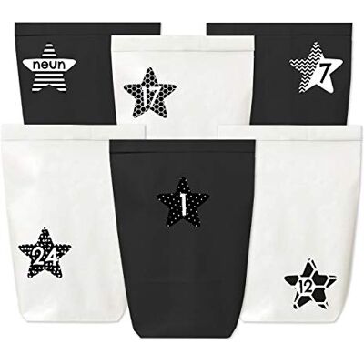 Papierdrachen Adventskalender om te vullen, 24 zwarte en witte papieren zakjes en 24 stickers met cijfers (zwarte en witte sterren), om zelf te maken en te vullen, mini-set 40, Kerstmis 2021 Papierdrachen Adventskalender om te vullen, 24 zwarte en witte papieren zakjes en 24 stickers met cijfers (zwarte en witte sterren), om zelf te maken en te vullen, mini-set 40, Kerstmis 2021