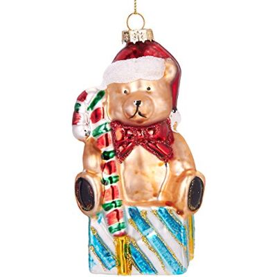 BRUBAKER Teddybeer met rieten stok en cadeau handbeschilderde glazen kerstbal mondgeblazen kerstboomversieringen grappige figuren decoratieve hangers kerstbal - BRUBAKER Teddybeer met rieten stok en cadeau handbeschilderde glazen kerstbal mondgeblazen kerstboomversieringen grappige figuren decoratieve hangers kerstbal -