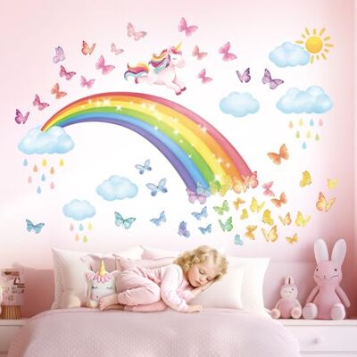 DECOWALL SG2-2309 Regenboog muursticker Eenhoorn Wolken en vlinders Muurdecoratie voor meisjes- en babykamer DECOWALL SG2-2309 Regenboog muursticker Eenhoorn Wolken en vlinders Muurdecoratie voor meisjes- en babykamer