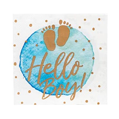 Boland 53249 Set van 20 Hello Boy partyservetten, 21 x 21 cm, tafeldecoratie, 100% papier, voor verjaardag, geboorte, babyshower Boland 53249 Set van 20 Hello Boy partyservetten, 21 x 21 cm, tafeldecoratie, 100% papier, voor verjaardag, geboorte, babyshower