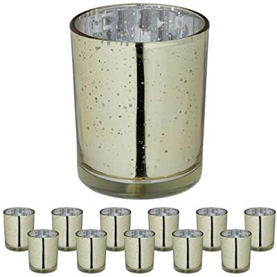 Relaxdays Set van 12 theelichthouders van glas voor theelichtjes, decoratief, H x D 8,5 x 7 cm, goud Relaxdays Set van 12 theelichthouders van glas voor theelichtjes, decoratief, H x D 8,5 x 7 cm, goud