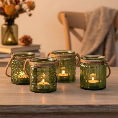 levandeo Set van 4 windlichten H10 cm glas groen kaki theelichthouder tafeldecoratie kaarsen deco kaarsenhouder vlas levandeo Set van 4 windlichten H10 cm glas groen kaki theelichthouder tafeldecoratie kaarsen deco kaarsenhouder vlas