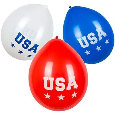 Boland 44962 Set van 6 Amerikaanse latexballonnen, afmeting ca. 25 cm, 3 verschillende motieven, Amerika, blauw, wit, rood, ballon, verjaardag, tuinfeest, themafeest, carnaval, hangende decoratie Boland 44962 Set van 6 Amerikaanse latexballonnen, afmeting ca. 25 cm, 3 verschillende motieven, Amerika, blauw, wit, rood, ballon, verjaardag, tuinfeest, themafeest, carnaval, hangende decoratie