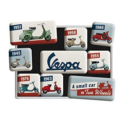 Retro koelkastmagneten, 9 stuks, Vespa Model Chart cadeau-idee voor scooterfans, officieel gelicentieerd product (OLP), decoratie voor magneetbord, vintage design Retro koelkastmagneten, 9 stuks, Vespa Model Chart cadeau-idee voor scooterfans, officieel gelicentieerd product (OLP), decoratie voor magneetbord, vintage design