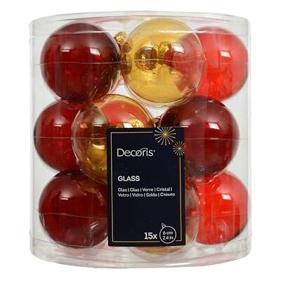 Kaemingk Set van 15 kerstballen van glas 6 cm Glanzend en transparant Kerstballen voor Kerstmis Kerstversiering en kerstboomversiering Mix rood/goud transparant Kaemingk Set van 15 kerstballen van glas 6 cm Glanzend en transparant Kerstballen voor Kerstmis Kerstversiering en kerstboomversiering Mix rood/goud transparant