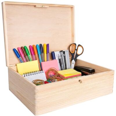 Creative Opbergdoos van hout met sleutel, 40 x 30 x 14 cm (+/- 1 cm), ongeverfd, met deksel, houten doos, souvenirbox, box, ruw en niet geschuurd Creative Opbergdoos van hout met sleutel, 40 x 30 x 14 cm (+/- 1 cm), ongeverfd, met deksel, houten doos, souvenirbox, box, ruw en niet geschuurd