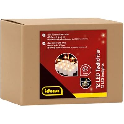 Idena 30469 12 stuks led-theelichtjes met flikkerend licht, batterijen inbegrepen, 6 uur timerfunctie, hoogte ca. 4,5 cm, decoratie voor bruiloft, feest, sfeerlicht Idena 30469 12 stuks led-theelichtjes met flikkerend licht, batterijen inbegrepen, 6 uur timerfunctie, hoogte ca. 4,5 cm, decoratie voor bruiloft, feest, sfeerlicht