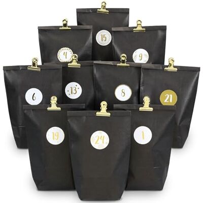 Papierdrachen Extravagante adventskalender om te vullen, met 24 zwarte cadeauzakjes en 24 stickers en cijferclips, elegant motief, om te knutselen en cadeau te geven, Kerstmis en advent Papierdrachen Extravagante adventskalender om te vullen, met 24 zwarte cadeauzakjes en 24 stickers en cijferclips, elegant motief, om te knutselen en cadeau te geven, Kerstmis en advent