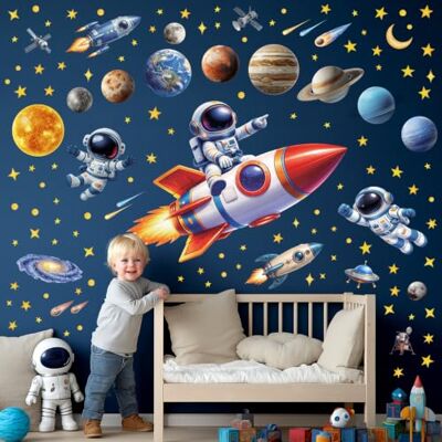 DECOWALL Ruimte muursticker met astronauten, raketten, zonnestelsel, planeten en sterren, muursticker voor kinderkamer, jongenskamer, babykamer en speelkamer (SG4-2605) DECOWALL Ruimte muursticker met astronauten, raketten, zonnestelsel, planeten en sterren, muursticker voor kinderkamer, jongenskamer, babykamer en speelkamer (SG4-2605)