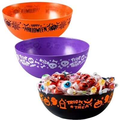 JOYIN 3 stuks Halloween snoepkommen, grote plastic kommen oranje en paars voor kinderen, zwarte pompoen snoephouder, decoratie JOYIN 3 stuks Halloween snoepkommen, grote plastic kommen oranje en paars voor kinderen, zwarte pompoen snoephouder, decoratie