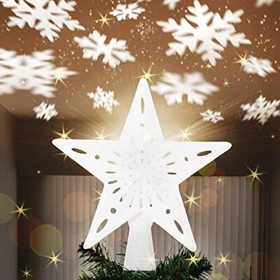 BAKAJI Lichtgevende stervormige punt met set sneeuwvloklichten met reflecties op plafond, hoogte 26 cm, kerstboompunt, kerstdecoratie met pailletten (wit) BAKAJI Lichtgevende stervormige punt met set sneeuwvloklichten met reflecties op plafond, hoogte 26 cm, kerstboompunt, kerstdecoratie met pailletten (wit)