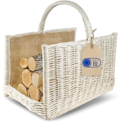 Creative Opbergmand, rieten mand met handvat en jute, rechthoekig, 50 x 34 x 50 cm, wit, handgeweven, houten mand, open haard, veelzijdig en duurzaam Creative Opbergmand, rieten mand met handvat en jute, rechthoekig, 50 x 34 x 50 cm, wit, handgeweven, houten mand, open haard, veelzijdig en duurzaam
