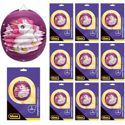 Idena 90283 10 stuks eenhoorn-lantaarns, ca. Ø 26 cm, paarse papieren lantaarns met eenhoornmotief, voor kinderen voor Sint Maarten en lichtfeest Idena 90283 10 stuks eenhoorn-lantaarns, ca. Ø 26 cm, paarse papieren lantaarns met eenhoornmotief, voor kinderen voor Sint Maarten en lichtfeest