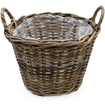 Spetebo Plantenmand van natuurlijk rotan met folie, 35 cm, ronde rieten bloemenmand met handgrepen, tuindecoratie Spetebo Plantenmand van natuurlijk rotan met folie, 35 cm, ronde rieten bloemenmand met handgrepen, tuindecoratie