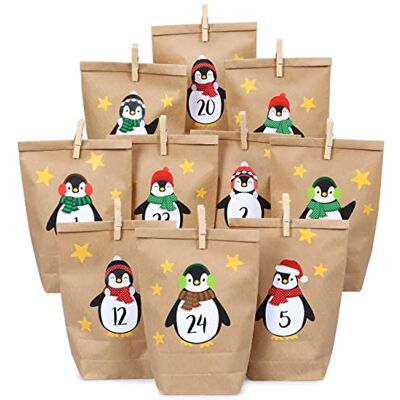 Papierdrachen DIY Adventskalender set van kraftpapier, pinguïns om op te plakken, met 24 bruine papieren zakken om zelf te vullen en zelf te maken, Kerstmis 2021 Papierdrachen DIY Adventskalender set van kraftpapier, pinguïns om op te plakken, met 24 bruine papieren zakken om zelf te vullen en zelf te maken, Kerstmis 2021