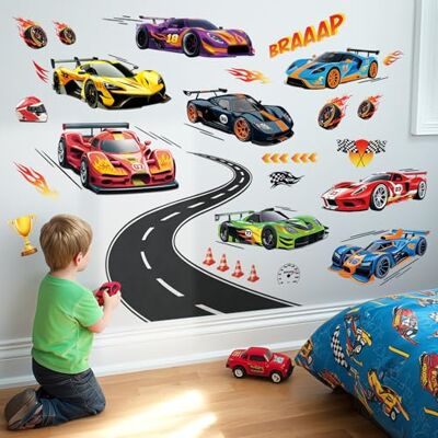 DECOWALL Muurstickers voor raceauto met racebaan Raceauto met baan, afpellen en opplakken, afneembaar, voor wanddecoratie, slaapkamer, speelkamer, creatieve ruimte DECOWALL Muurstickers voor raceauto met racebaan Raceauto met baan, afpellen en opplakken, afneembaar, voor wanddecoratie, slaapkamer, speelkamer, creatieve ruimte