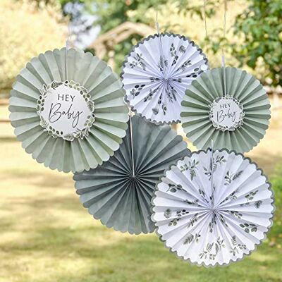 Ginger Ray Hey Baby Babyshower papieren waaiers, groen/wit, 5 stuks Ginger Ray Hey Baby Babyshower papieren waaiers, groen/wit, 5 stuks