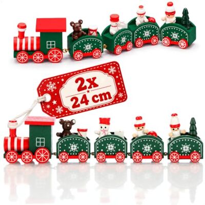 com-four ® 2 x kersttrein van hout met vier wagons, decoratieve trein Feestelijke tafeldecoratie – kleine trein van hout com-four ® 2 x kersttrein van hout met vier wagons, decoratieve trein Feestelijke tafeldecoratie – kleine trein van hout