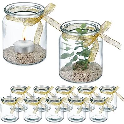 Relaxdays Set van 12 theelichthouders van glas, voor binnen en buiten, H x D 9,5 x 8 cm, theelichthouders met strik, transparant/goud Relaxdays Set van 12 theelichthouders van glas, voor binnen en buiten, H x D 9,5 x 8 cm, theelichthouders met strik, transparant/goud