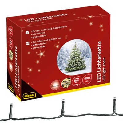 Idena 31123 LED-lichtslingers met 400 LED in warm wit, met 8 uurs timerfunctie en transformator, ca. 47,9 m lang, binnen en buiten, als decoratie voor feestjes, Kerstmis, bruiloft Idena 31123 LED-lichtslingers met 400 LED in warm wit, met 8 uurs timerfunctie en transformator, ca. 47,9 m lang, binnen en buiten, als decoratie voor feestjes, Kerstmis, bruiloft