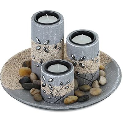 Relaxdays Decoratieve ronde theelichthouders met theelichtjes en stenen, tafeldecoratie voor woonkamer, eetkamer, grijs/zand Relaxdays Decoratieve ronde theelichthouders met theelichtjes en stenen, tafeldecoratie voor woonkamer, eetkamer, grijs/zand
