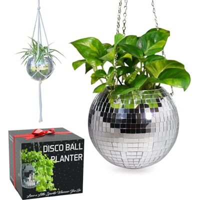 SCANDINORDICA Disco bloempot plantenhanger bal spiegel met ketting, macramé hanger, acryl standaard en glitter inzetstuk decoratie discobal 20 cm SCANDINORDICA Disco bloempot plantenhanger bal spiegel met ketting, macramé hanger, acryl standaard en glitter inzetstuk decoratie discobal 20 cm