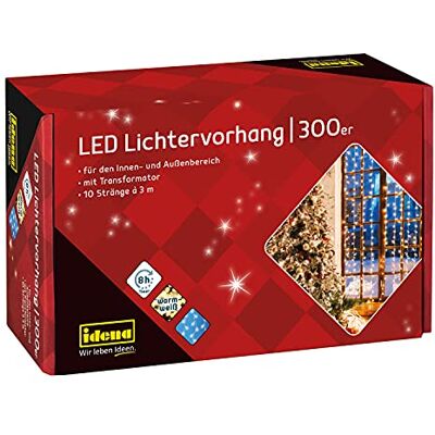 Idena 31856 Led-lichtgordijn met 300 leds in warmwit, met 8 uur timerfunctie en transformator, 10 strengen ca. 3 x 3 m, decoratie voor binnen en buiten, zoals Idena 31856 Led-lichtgordijn met 300 leds in warmwit, met 8 uur timerfunctie en transformator, 10 strengen ca. 3 x 3 m, decoratie voor binnen en buiten, zoals