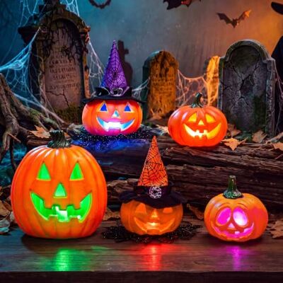 JOYIN 5 stuks Halloween pompoenlantaarns met ledlicht voor binnen- en buitendecoratie JOYIN 5 stuks Halloween pompoenlantaarns met ledlicht voor binnen- en buitendecoratie