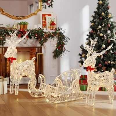 YITAHOME Set van 3 led-rendieren, lichtgevende kerstdecoratie met 2 herten en slee, 150 RGB-leds en draadloze afstandsbediening, kersthert met hout en afneembare handgreep YITAHOME Set van 3 led-rendieren, lichtgevende kerstdecoratie met 2 herten en slee, 150 RGB-leds en draadloze afstandsbediening, kersthert met hout en afneembare handgreep