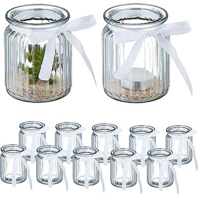Relaxdays Set van 12 theelichthouders van glas met strik voor binnen en buiten, transparant Relaxdays Set van 12 theelichthouders van glas met strik voor binnen en buiten, transparant