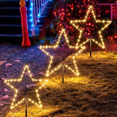 SALCAR Set van 3 kerstverlichting voor buiten, 2 m, ster, kerstdecoratie, buitenverlichting, met grondpen, zwarte sterren, warm wit SALCAR Set van 3 kerstverlichting voor buiten, 2 m, ster, kerstdecoratie, buitenverlichting, met grondpen, zwarte sterren, warm wit