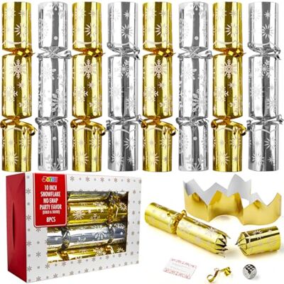 JOYIN Set van 8 feesttafels "No Snap No Popping" met gouden en zilveren sneeuwvlok motief met feesthoed, grap en klein binnen, voor Kerstmis JOYIN Set van 8 feesttafels "No Snap No Popping" met gouden en zilveren sneeuwvlok motief met feesthoed, grap en klein binnen, voor Kerstmis