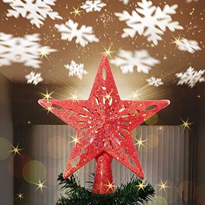 BAKAJI Lichtgevende sterpunt met speellichten sneeuwvlok met reflecties op plafond, hoogte 26 cm, kerstboompunt, kerstversiering met glitter (rood) BAKAJI Lichtgevende sterpunt met speellichten sneeuwvlok met reflecties op plafond, hoogte 26 cm, kerstboompunt, kerstversiering met glitter (rood)