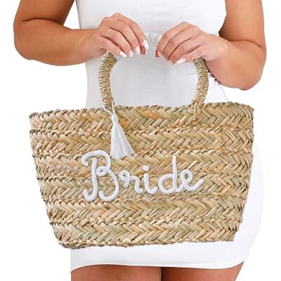 Ginger Ray Bruiloftstas van gevlochten rotan, met touw en witte pompon, voor vrijgezellenfeest, huwelijksreis, bruin Ginger Ray Bruiloftstas van gevlochten rotan, met touw en witte pompon, voor vrijgezellenfeest, huwelijksreis, bruin