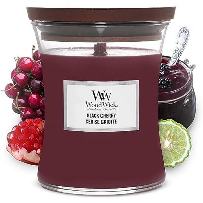 WoodWick Gemiddelde geurkaars in zandlopervorm, zwarte kers, met gebarsten lont, brandduur tot 60 uur, cadeaus voor vrouwen WoodWick Gemiddelde geurkaars in zandlopervorm, zwarte kers, met gebarsten lont, brandduur tot 60 uur, cadeaus voor vrouwen