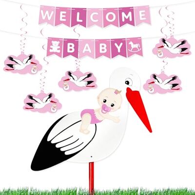 BRUBAKER Welcome Babyslinger + grote ooievaar van hout voor meisjes, babydecoratieset, wimpelslinger met hangers en ooievaar, welkomstdecoratie voor babyshower BRUBAKER Welcome Babyslinger + grote ooievaar van hout voor meisjes, babydecoratieset, wimpelslinger met hangers en ooievaar, welkomstdecoratie voor babyshower