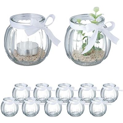 Relaxdays Set van 12 theelichthouders van glas met strik voor binnen en buiten, transparant Relaxdays Set van 12 theelichthouders van glas met strik voor binnen en buiten, transparant