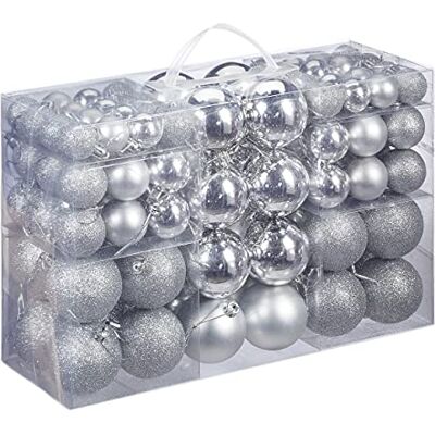 Relaxdays Set van 100 kerstballen, mat, glanzend, glinsterend, kerstballen, 3, 4 en 6 cm, zilverkleurig Relaxdays Set van 100 kerstballen, mat, glanzend, glinsterend, kerstballen, 3, 4 en 6 cm, zilverkleurig