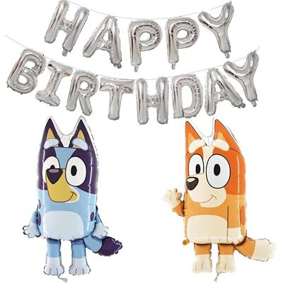 Toyland Bluey & Bingo folieballonnen 2 figuren ballonnen van 80 cm en 1 zilveren ballonbanner "Happy Birthday" van 16 inch feestdecoraties voor kinderen Toyland Bluey & Bingo folieballonnen 2 figuren ballonnen van 80 cm en 1 zilveren ballonbanner "Happy Birthday" van 16 inch feestdecoraties voor kinderen