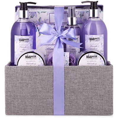 BRUBAKER Cosmetics Bad- en doucheset lavendel/munt 12-delig decoratieve mand van jute cadeau-idee BRUBAKER Cosmetics Bad- en doucheset lavendel/munt 12-delig decoratieve mand van jute cadeau-idee