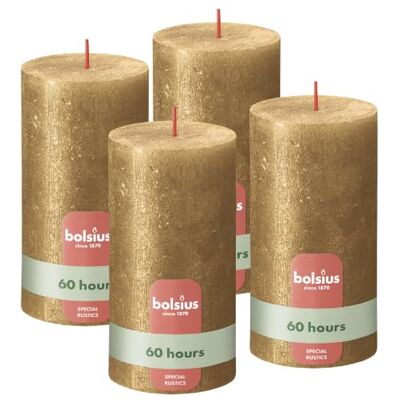 BOLSIUS Rustik Set van 4 stompkaarsen, goud glanzend, 13 x 7 cm, decoratieve kaarsen, brandduur 60 uur, geurvrij, bevat natuurlijke plantaardige was, zonder olie BOLSIUS Rustik Set van 4 stompkaarsen, goud glanzend, 13 x 7 cm, decoratieve kaarsen, brandduur 60 uur, geurvrij, bevat natuurlijke plantaardige was, zonder olie