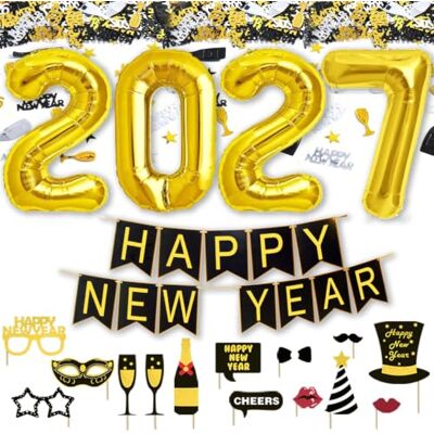 Jonami Decoratie Nieuwjaar 2027, decoratie feest nieuwjaar. Gelukkig Nieuwjaar banner + 2027 gigantische ballonnen + accessoires foto booth rekwisieten wekker + confetti Jonami Decoratie Nieuwjaar 2027, decoratie feest nieuwjaar. Gelukkig Nieuwjaar banner + 2027 gigantische ballonnen + accessoires foto booth rekwisieten wekker + confetti
