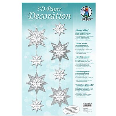 Ursus 21840099 3D papier deco sterren zilver materiaal voor 8 grote en 8 kleine sterren met knutselhandleiding ideaal als wanddecoratie, raam en woondecoratie Ursus 21840099 3D papier deco sterren zilver materiaal voor 8 grote en 8 kleine sterren met knutselhandleiding ideaal als wanddecoratie, raam en woondecoratie
