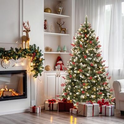 YITAHOME Kunstkerstboom, 228 cm, voorversierd met sneeuw en 550 ledlichtjes, 82 dennenappels, 82 bessen, ca. 1398 takpunten, dennenboom met plooisysteem en metalen standaard, 228 x Φ135 cm YITAHOME Kunstkerstboom, 228 cm, voorversierd met sneeuw en 550 ledlichtjes, 82 dennenappels, 82 bessen, ca. 1398 takpunten, dennenboom met plooisysteem en metalen standaard, 228 x Φ135 cm
